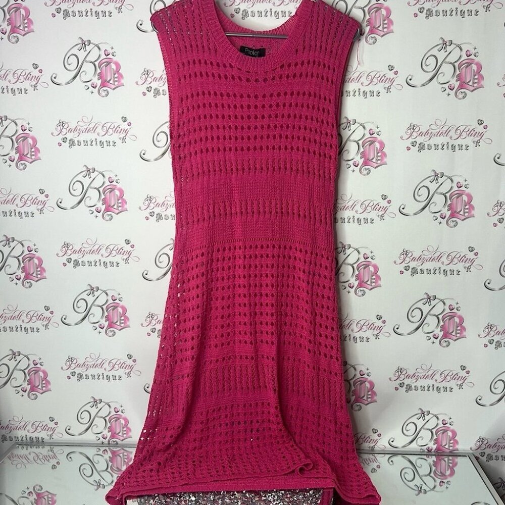 Papillion dress crochet knitted pink bright beach Fuchsia Knit Midi Dress